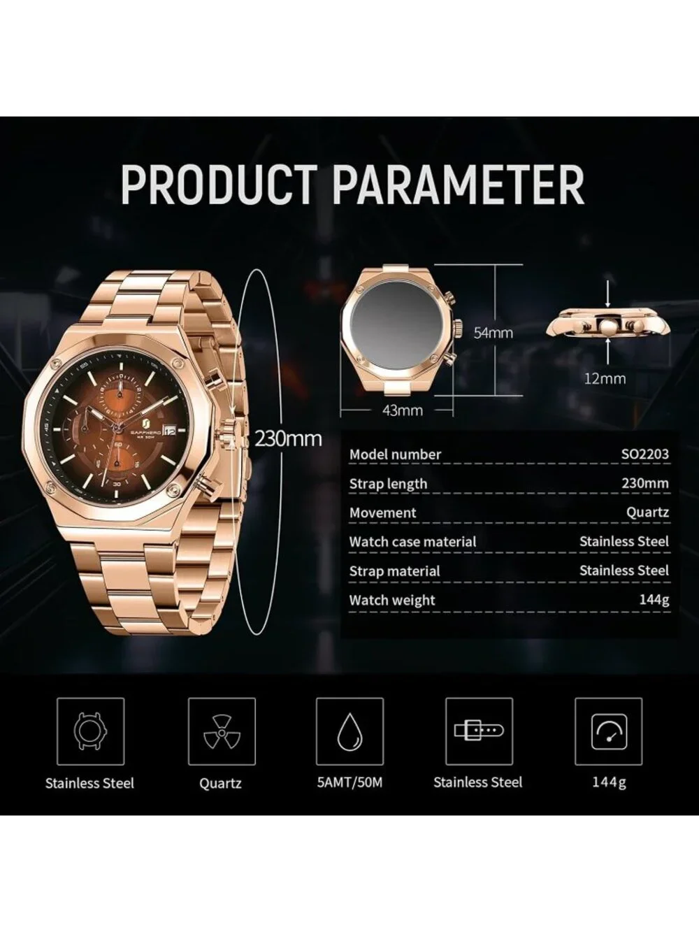 Men's Gold Brown Quartz Chronograph Stainless Steel Waterproof Wrist Watches